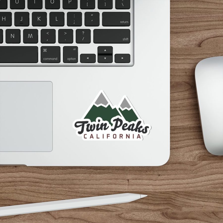 Twin Peaks 4" Die-Cut Decal Sticker with Snow Capped Mountain Peaks Design on Laptop