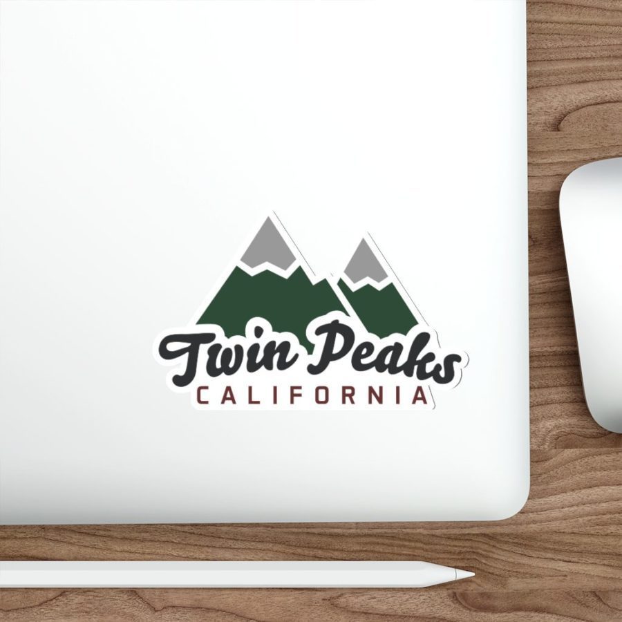 Twin Peaks 5" Die-Cut Decal Sticker with Snow Capped Mountain Peaks Design on Laptop