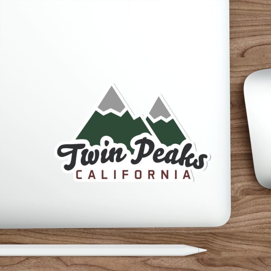 Twin Peaks 6" Die-Cut Decal Sticker with Snow Capped Mountain Peaks Design on Laptop
