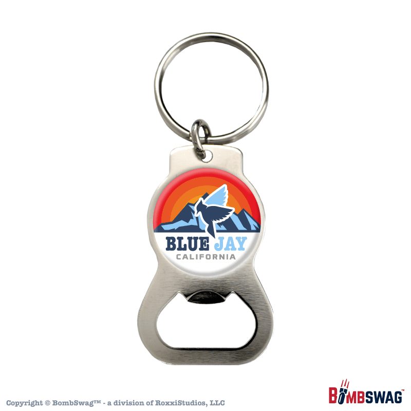Blue Jay, Ca Keychain Silver Bottle Opener with Our Sunset, Mountains, and Blue Jay Design