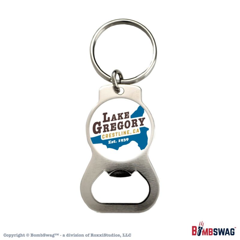 Lake Gregory Keychain Silver Bottle Opener with our Lake Shape Background Design in Color on White - LGCA010003SIL_FCW