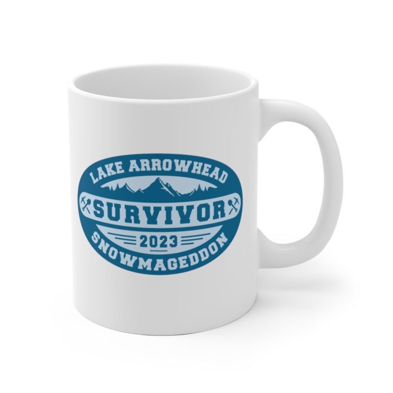 lake arrowhead coffee mug with our 2023 snowmageddon survivor design